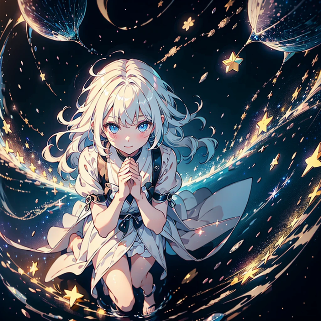1girl,最高masterpiece、Dynamic composition、(Perfect hands:1.2)、(Perfect Anatomy:1.2)、(Highest quality:1.3)、(masterpiece:1.3)、(Super detailed:0.8)、High resolution、HDR、CG Unity 8k、Nice hands、ass pov、Highest quality、Highest quality、Delicate expressiveness、About 10 years old、White Hair、smile、river、流れstar、流star群、star、night、(((Composition from above))),Diamond dust、kawaii tech、