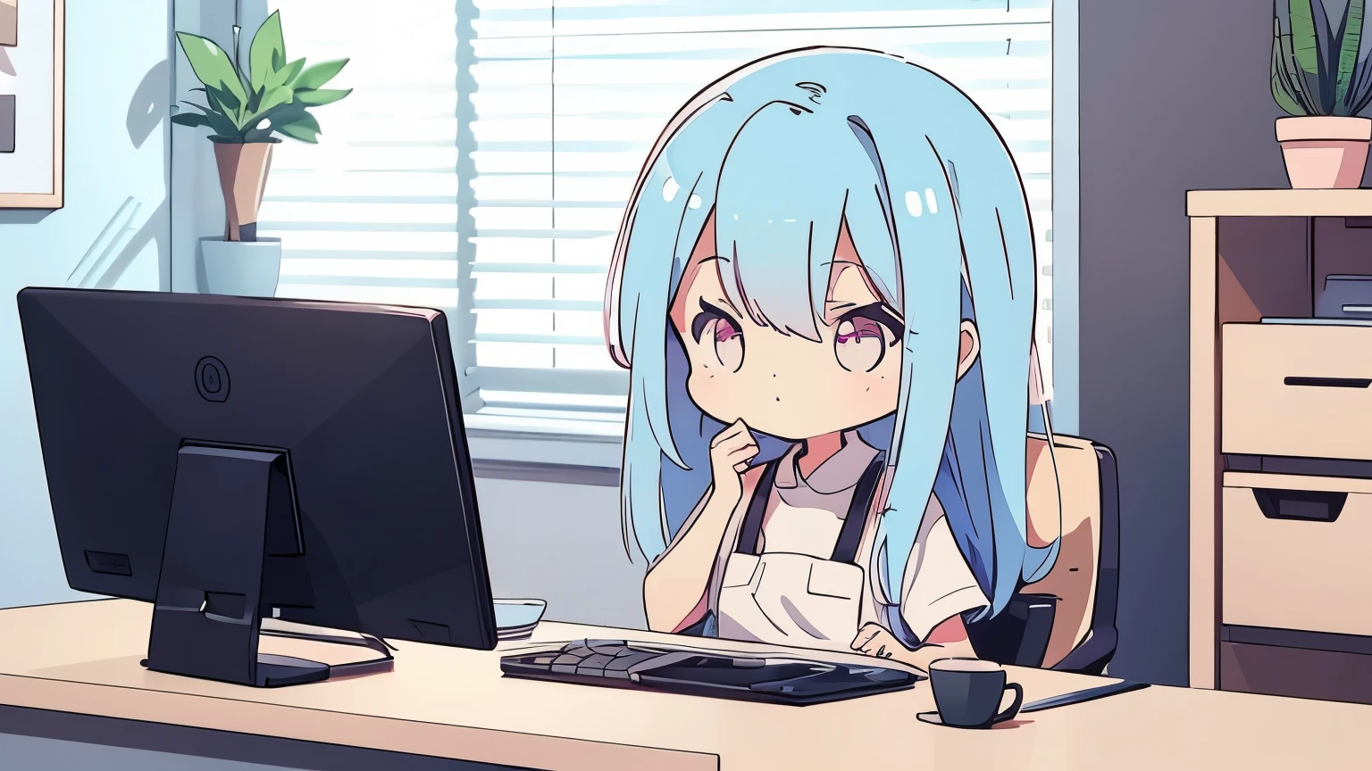 An anime-style logo for a YouTube channel focused on cozy office vibes and productivity. The logo features a minimalistic design of a desk with a coffee mug and a laptop, with soft, rounded lines. Surrounding the desk are a few subtle elements like a small potted plant and soft lighting effects. The color palette includes soothing pastel tones, primarily light blue, soft pink, and white. The overall design should convey a sense of calm, creativity, and focus.