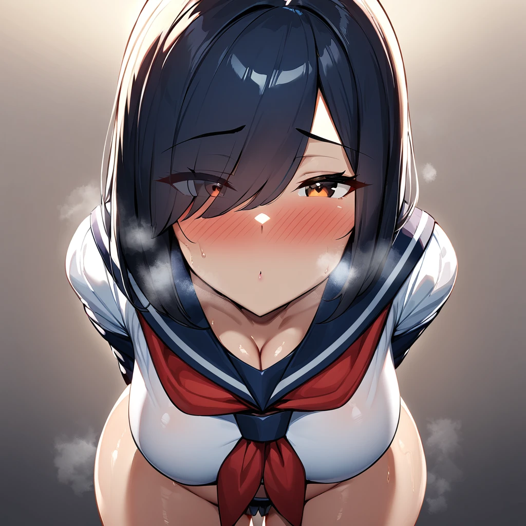 nsfw,1girl,Solofocus,(Erotic),pov,Closed mouth,serafuku),red neckerchief,white blouse,pleated skirt,dark blue blouse,sexually suggestive,(Cleavage:1), Leaning forward(cowboyshot:1.5),(in heat:1.5),(Breasts),(heavy breathing:1.5),arms behind back,(Legs_apart),(shiny_skin),(eyes visible through hair:1.5),very sweaty,dark blue hair,(brown eyes),hair over eye,blush,(Heavy Breathing:1.3),(Steaming body:1),(straight-on),(light skin:1.5),masterpiece,best quality,very aesthetic,absurdres,medium hair,straight hair,(female:1),(curvy:1),(incoming kiss), facing_viewer