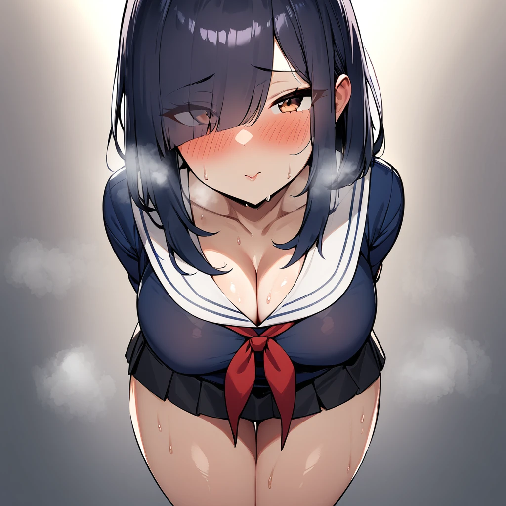 nsfw,1girl,Solofocus,(Erotic),pov,Closed mouth,serafuku),red neckerchief,white blouse,pleated skirt,dark blue blouse,sexually suggestive,(Cleavage:1), Leaning forward(cowboyshot:1.5),(in heat:1.5),(Breasts),(heavy breathing:1.5),arms behind back,(Legs_apart),(shiny_skin),(eyes visible through hair:1.5),very sweaty,dark blue hair,(brown eyes),hair over eye,blush,(Heavy Breathing:1.3),(Steaming body:1),(straight-on),(light skin:1.5),masterpiece,best quality,very aesthetic,absurdres,medium hair,straight hair,(female:1),(curvy:1),(incoming kiss), facing_viewer