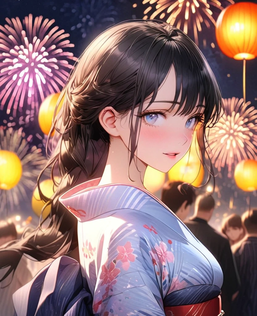 8k,Ephemeral beauty,Very delicate and beautiful,Beautiful and realistic skin,,Black Hair、Long and colorful hair,Beautiful Eyes,good,Beautiful night sky、firework、yukata、
