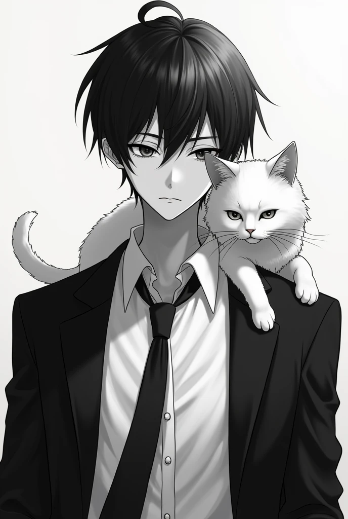 black and white photo containing an anime boy in a white shirt with a tie and black jacket, cool pose, sad face, with white cat at head