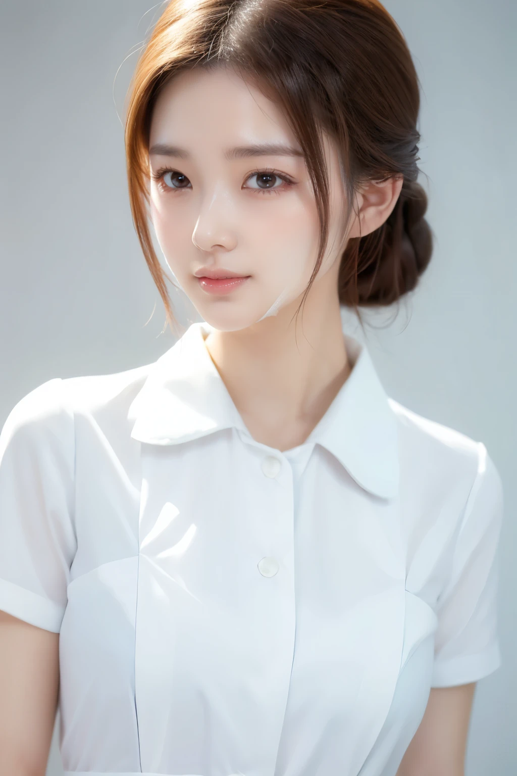 (Tabletop、highest quality、32k、Award-winning works、Ultra-high resolution)、(One beautiful nurse:1.1)、(The perfect white nurse uniform:1.1),Chignon,Shiny, beautiful hair,Accurate anatomy,(Strongly blurred white background:1.1),(very bright white lighting:1.1)、(Close-up of face:1.3),Perfect beautiful makeup,Spectacular Cinema Lighting、Tyndall effect,(standing elegantly:1.1),(Shining white skin:1.1)、Shiny beautiful skin、Radiant Skin,滑らかで汚れの無い美しい肌の顔,顔は滑らかな白い色,