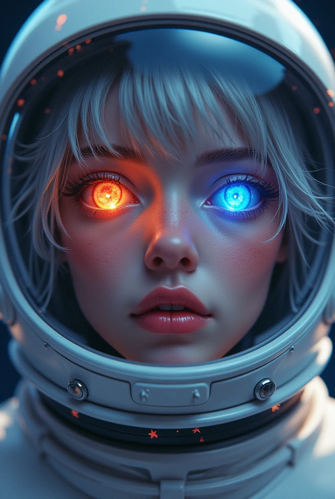 (Close-up of a better masterpiece:1.5)0.9], (Space and astronauts:1.2) (Messy silver hair:1.1) (Heterochromia xanthochromia and blue eyes:1.2) (Space Helmet:1.0) (Colored stars in the eyes:1.0) (A radiant glow:1.1) (thick lips:0.9)
