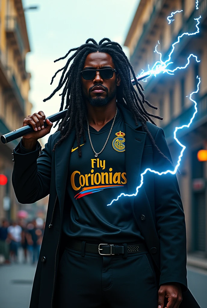 Make a mix of the rapper Sabotage with Super Shock, He has dreadlocks and wears dark sunglasses, a black coat, a Corinthians shirt, and carries an electric baton. (he has electrical powers)