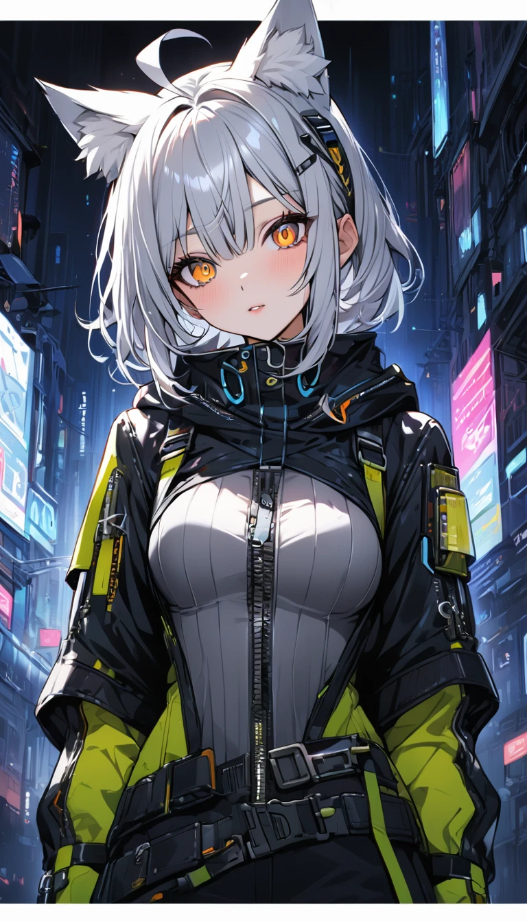(masterpiece)、(absurdres)、(ultra detailed)、(8k)、(solo lad),(silver cat ears:1.1),(silver hair),(shortcut hair:1.1),(messy hair:0.8),(Ahoge:0.9),(middle breast:0.9),BREAK,(orange eyes),(Almond-shaped eyes)BREAK,cyberpunk,