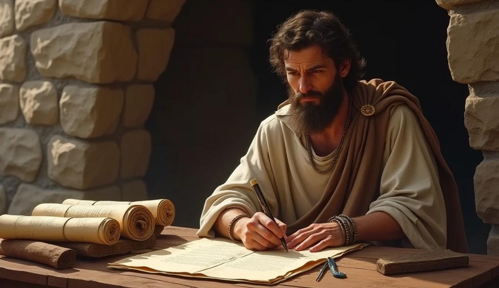 Portray the Apostle Paul in a simple and austere setting, sitting at a rustic wooden table, with scrolls spread out in front of him. He must be wearing typical clothing of the time., like a tunic and a cloak. Paul must be focused on writing, with a quill in one hand and an inkwell beside it. Soft, natural light should illuminate the scene, highlighting Paul&#39;s concentrated expression and the surrounding environment, which can include a rocky backdrop or a simple stone room."
