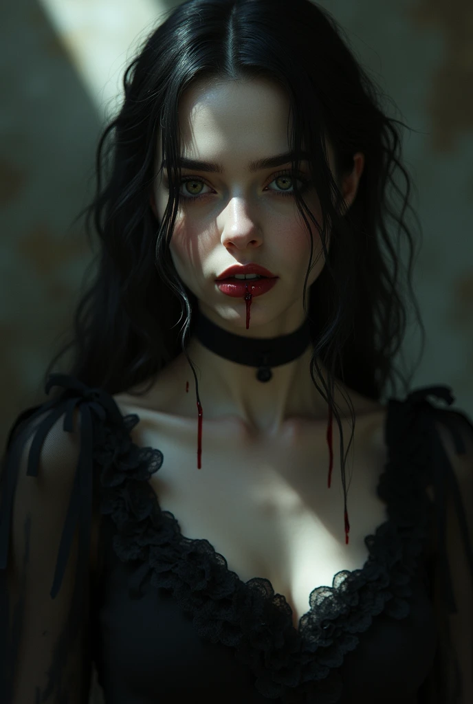 Vampire woman with tears of blood in her eyes , beautiful face , with a very pretty gothic dress 