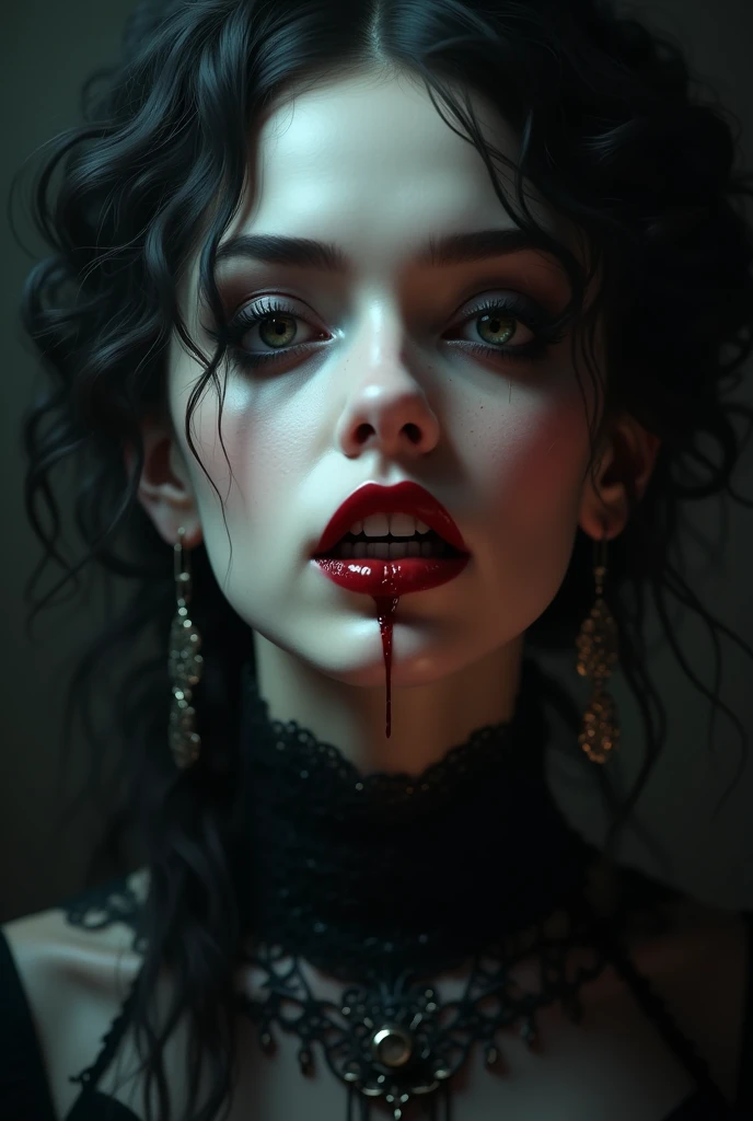 a vampire girl with beautiful detailed eyes, beautiful detailed lips, extremely detailed face, long eyelashes, sharp vampire teeth, blood dripping from mouth, pale skin, dark eyeshadow, gothic black dress, moody dark lighting, dramatic chiaroscuro lighting, dark fantasy, digital painting, cinematic, dramatic, hyper detailed, 8k, photorealistic