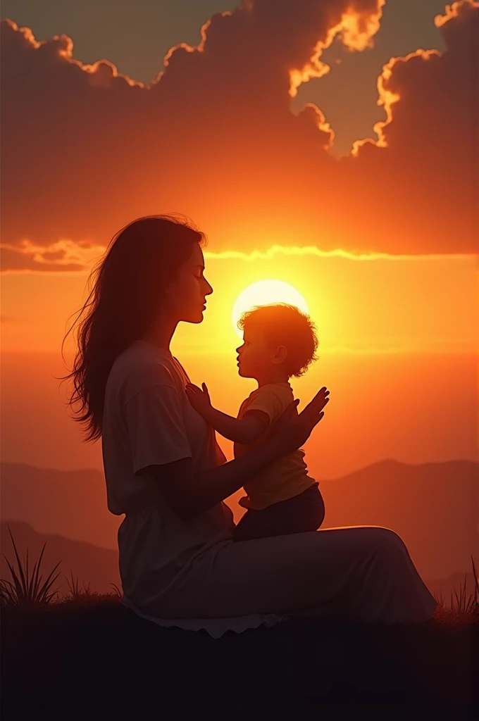 writing "Mother's Prayer, Light of Life" with a background of a silhouette of a mother and under a sunset sky.