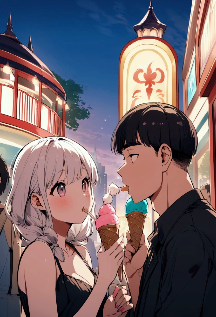 An unassuming man and a popular woman、Amusement park date、Eating ice cream