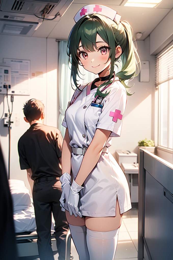 1 girl, alone, nurse, nurse cap, Whiteware, ((white legwear, zettai ryouiki)), white gloves, ponytail, green hair, pink eyes, ((White surgical mask, Covered nose)), Are standing, ((hospital room)), sharp outline, short sleeve, highest quality, masterpiece