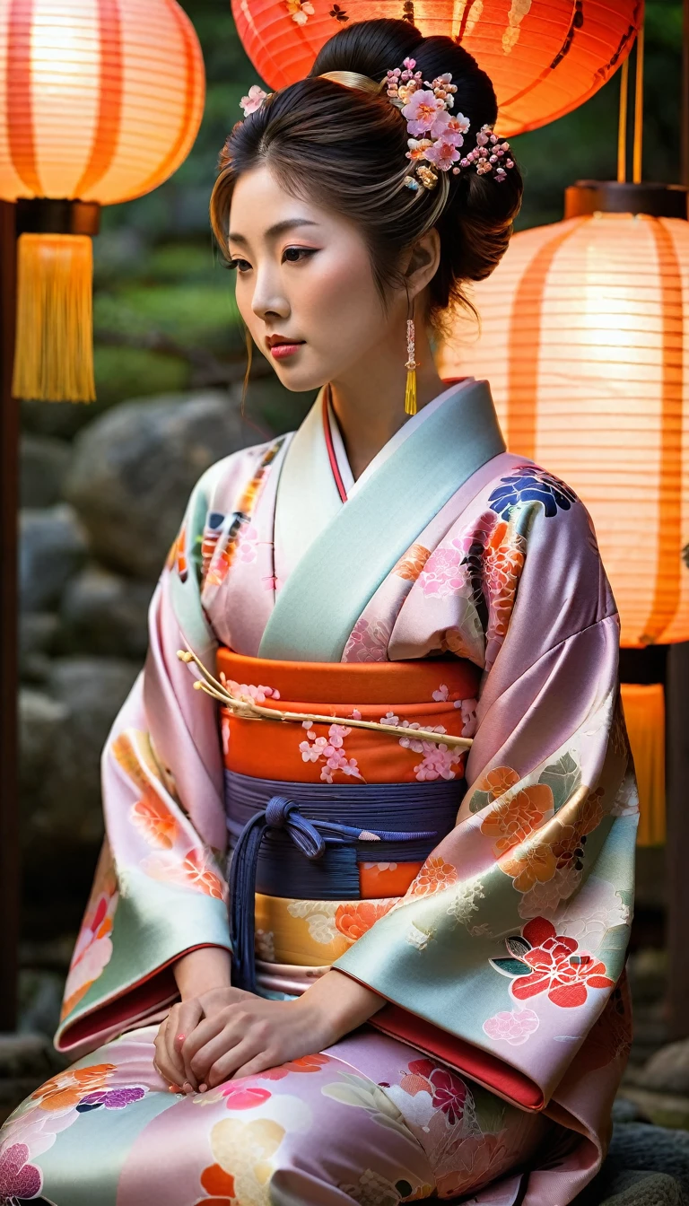 "Create a highly detailed and realistic image of a beautiful Japanese woman wearing an elaborate, colorful kimono with intricate patterns. She is seated in a traditional Japanese setting, surrounded by soft, warm lighting and delicate lanterns. Her hair is styled in an ornate updo adorned with traditional hairpins and accessories, and she has a gentle yet captivating expression. The background should include elements of a traditional Japanese garden, with cherry blossoms and soft, ambient light to enhance the elegance and serene atmosphere of the scene."