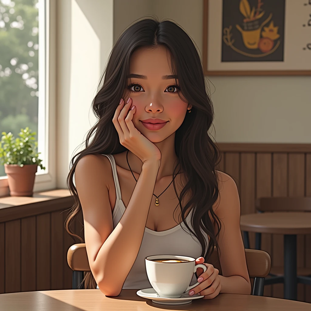 A girl with long hair sits in a cafe with a cup of coffee.