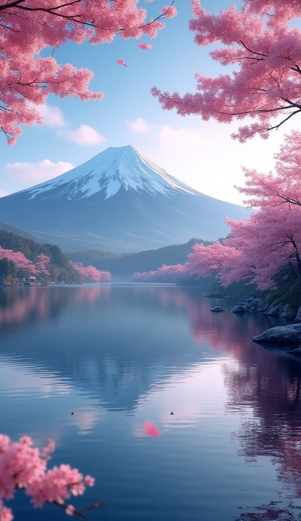 masterpiece,Highest quality,(Ultra-high definition CG Unity 8K wallpaper),(Highest quality),mount.Mt.Fuji and lake,Beautiful mount. Mt. Fuji reflected on the water,Reflection of light,Asahi,Plum blossom