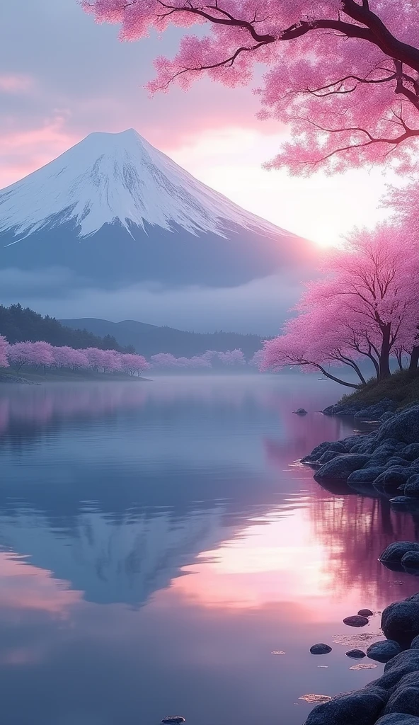 masterpiece,Highest quality,(Ultra-high definition CG Unity 8K wallpaper),(Highest quality),mount.Mt.Fuji and lake,Beautiful mount. Mt. Fuji reflected on the water,Reflection of light,Asahi,Plum blossom