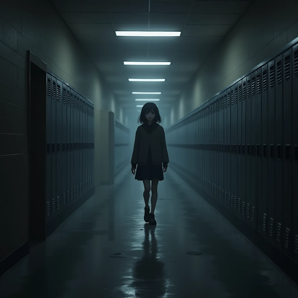A lone female high school student walks through the dimly lit school after class.、She's supposed to be alone, yet she feels like someone is watching her.