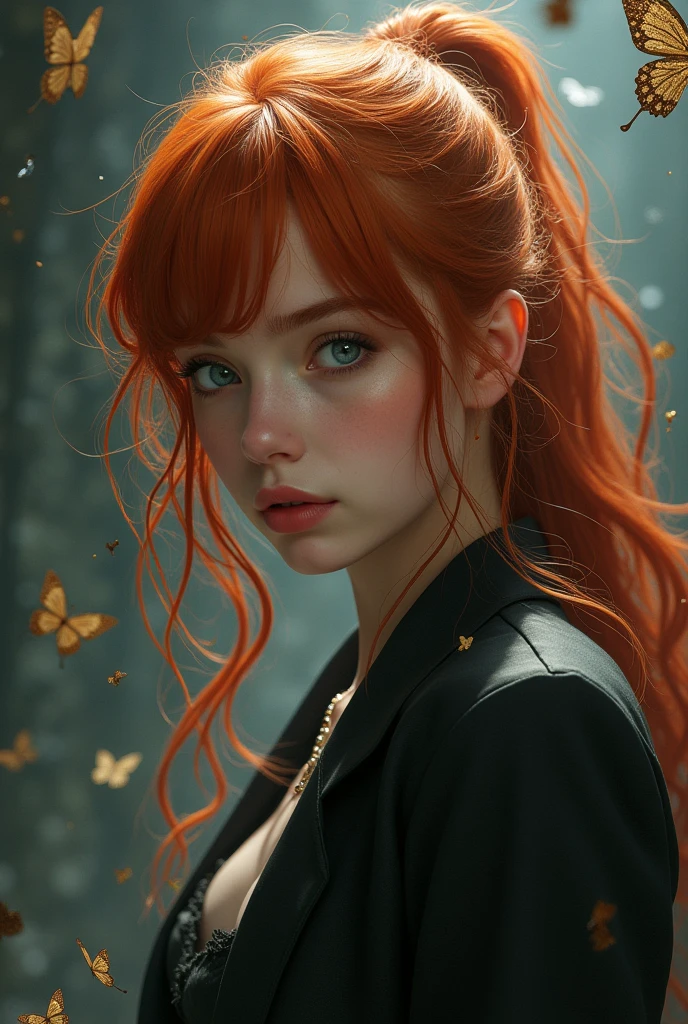 (solo, full body photo:1.3), (action packed:1.3), (haze, fog, mist:1.3), chiaroscuro, best quality, photorealistic, 1woman, (cute), (24yo:1.2), redhead, long ginger hair highly detailed, 1700'S, digital photography, art by artgerm and ruan jia and greg rutkowski surreal painting gold butterfly filigree, broken glass, (masterpiece, sidelighting, finely detailed Fashionable eyes: 1.2) (perfect oval large eyes that gazes at the viewer), beautiful detailed face, blue gorgeous perfect eyes, (blonde hair ponytail), (attractive young woman:1.3), (thick amazing hair), (seductive:1.1), (blushing:1.1)