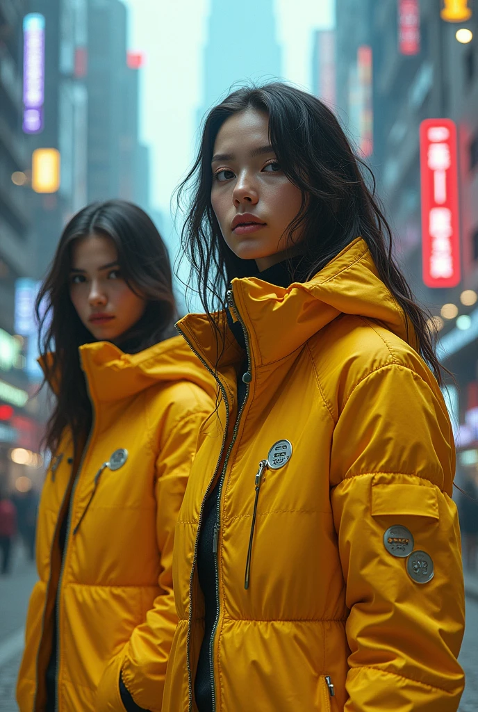 Cyberpunk vision, beautiful women wearing yellow space jackets,