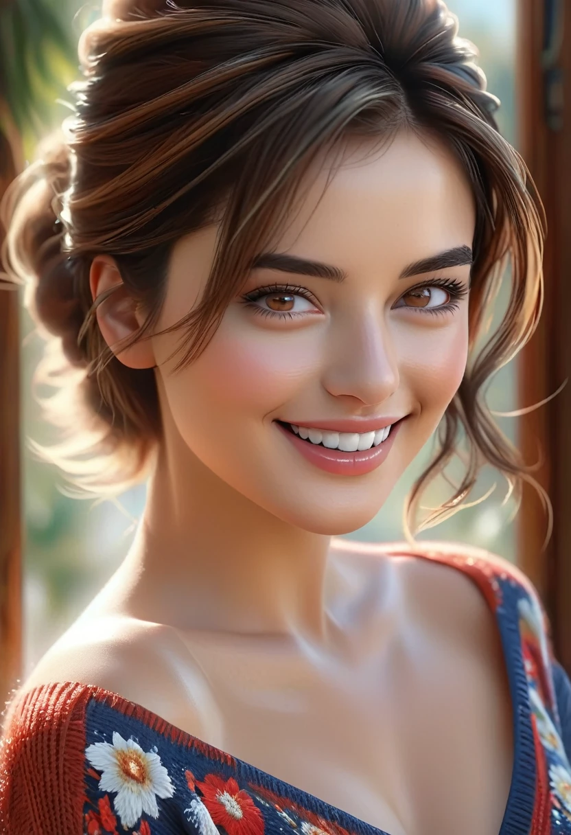 (Best Quality, 4K, 8K, High Resolution, Masterpiece: 1.2), (Super Detailed, Realistic, Photorealistic:1.37)A captivating young girl, donning a striking ensemble of red and blue, stands before a window with an air of toughness and determination. Her enchanting eyes are exquisitely detailed, capturing every glimmer and depth, while her lips boast a meticulous beauty that is both captivating and alluring. The level of detail extends to her entire face, each contour and feature meticulously rendered to perfection, creating a sense of hyper-realism that draws the viewer in.
The girl's attire, reminiscent of oil painting art, is a work of art in itself. The fabric, skillfully crafted to resemble vibrant brushstrokes, adds a touch of dynamism to her overall appearance. It is a true reflection of the artist's talent, showcasing a mastery, (NSFW:1.5), Chignon hairstyle, beautiful nipples, 1 beautiful woman, photorealistic, ultra detailed, high resolution, 8K wallpaper, light brown hair, South Sea beach, sexy and bold swimsuit, cute big ass, sharp focus, perfect dynamic composition, realistic and finely drawn beautiful eyes, finely drawn hair, fine and realistic skin texture, smiling, close-up portrait, model body shape, (Representative Works: 1.3), (8k, photorealistic, raw photos, Highest image quality: 1.4), (30 years old mature woman),small face, beautiful face, (realistic face),no makeup、natural makeup、light makeup、 (Dark brown, short hair: 1.3), beautiful hairstyle, realistic eyes, beautiful detailed eyes, (Photorealistic skin), beautiful skin, (sweater),、Bust B Cup、 disorganized, Charm, 超High definition, Super realistic, High definition, golden ratio, FF Tifa、,sunny day beach background,