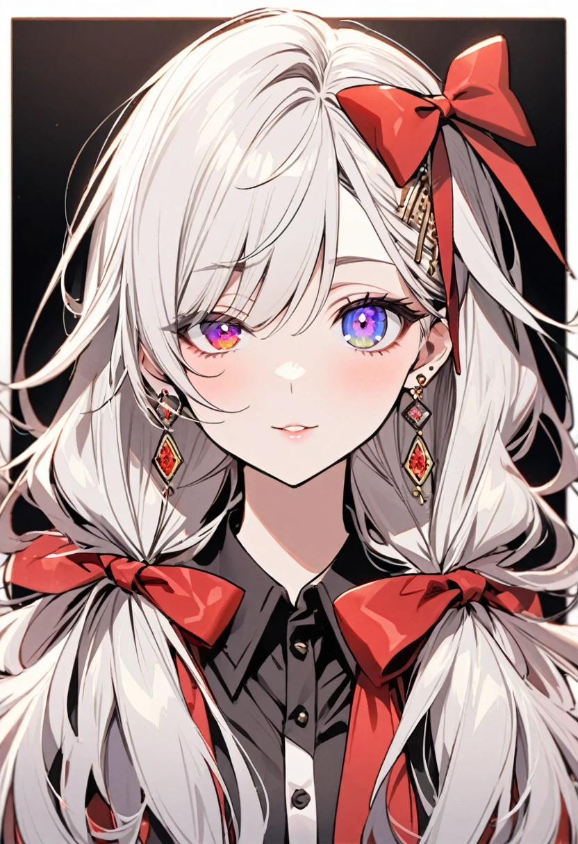 girl, mature, white hair, diamond earings, long hair, low twin tails, red bow on hair, two color eyes, blue right eye, purple left eye, adult. front face, beautiful