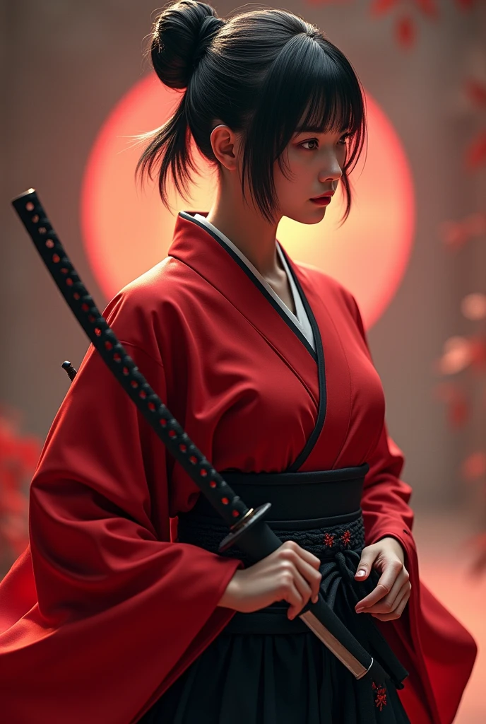 Samurai girl, short black hair tied back, wearing Japanese red kimono and black hakama, two Japanese swords across her waist, ((masterpiece, highest quality, Highest image quality, High resolution, photorealistic, Raw photo, 8K)), ((Extremely detailed CG unified 8k wallpaper)), (huge stunning goddess shot, very hot and sexy, jaw-dropping beauty, perfect proportions, beautiful body, slim body beauty:1.4),