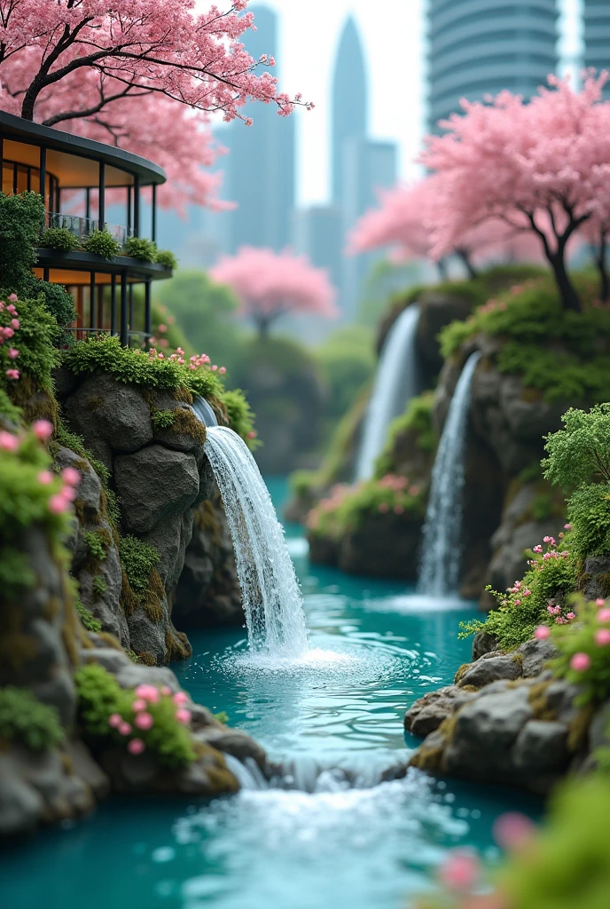 Miniature landscape scene a Kuala Lumpur city centre, Sakura flower, waterfall, water flow out the building, bleeding the interior, outdoor scene