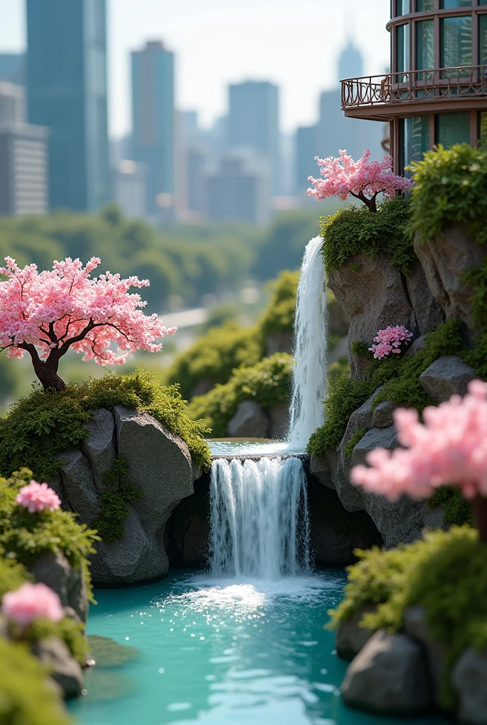 Miniature landscape scene a Kuala Lumpur city centre, Sakura flower, waterfall, water flow out the building, bleeding the interior, outdoor scene