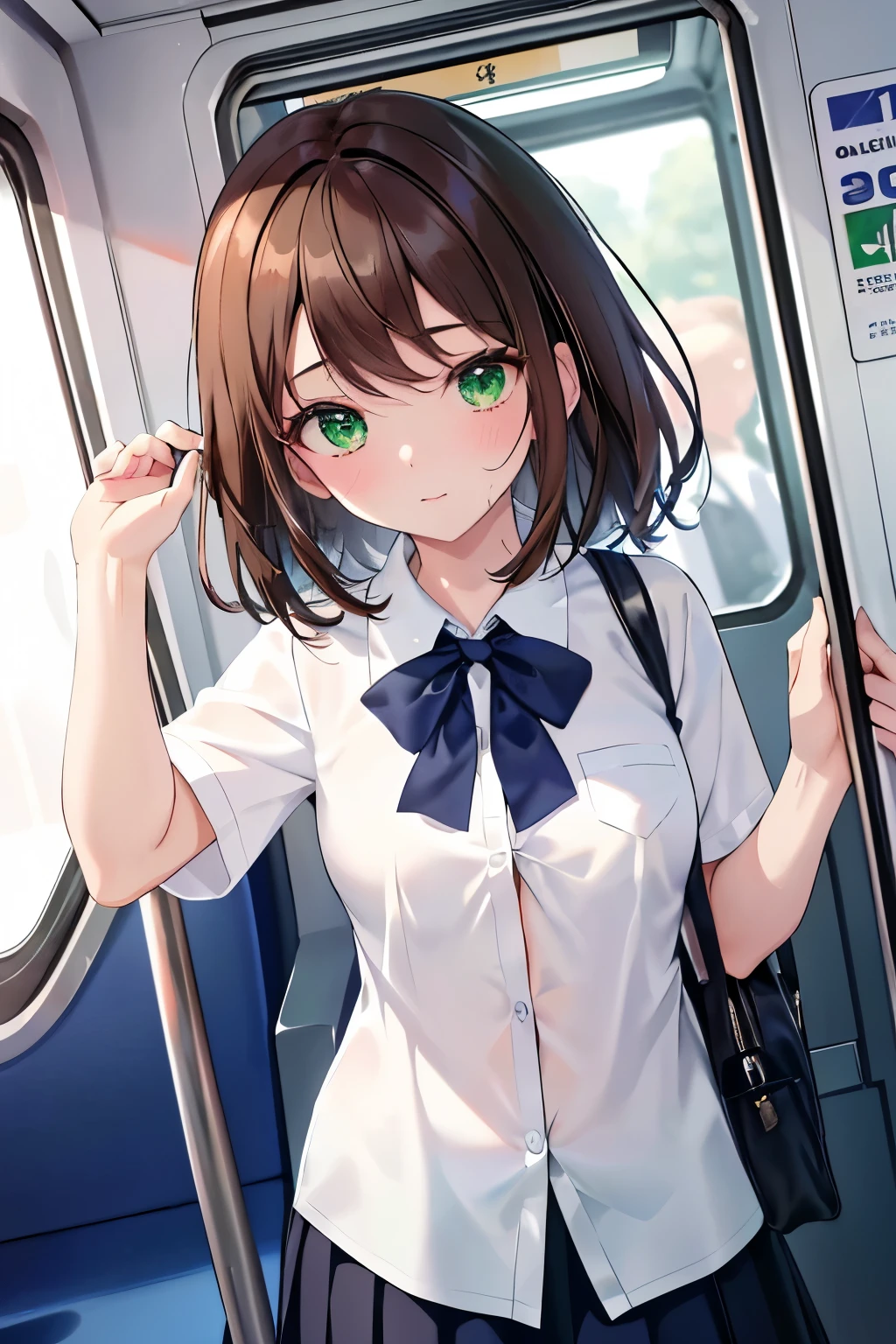 ((masterpiece, Highest quality, High resolution, 超High resolution, Pixel perfect, Written boundary depth, 4K, RTTX 10.0, High resolution))), 1 person, single, alone, Beautiful Anime, Beautiful art style, Anime characters, ((Shortcuts, bangs, Dark brown hair)), ((Green Eyes:1.4, Round eyes, Beautiful eyelashes, current eyes)), ((Smooth texture:0.75, Anime CG style)), ((Dynamic Angle, close)), Perfect body, (cute), Normal chest, whole body, ((4K, 8k, Highest quality, Perfect Fingers: 1.3, Perfect Anatomy: 1.3, Background Blur)), whole bodyアングル, In the heat, Illustration of commuting by train, The character is wearing a white shirt and a navy blue skirt., He is sweating and looks a little tired., Wiping sweat with a handkerchief, The background shows the inside of a crowded train., The strong summer sunlight is shining outside the window., The overall scene conveys the heat of summer and the difficulty of commuting.