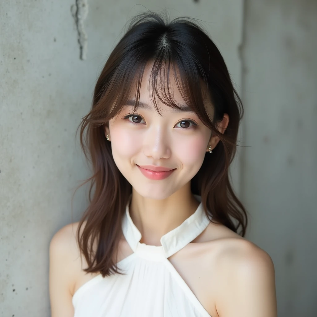 Natural Makeup、Beautiful woman、Beautiful Japanese、Olive Hair Color、Earrings、White sleeveless blouse、The body is tilted and looking at the camera.、Smiling Kindly、Thready hair、Simple concrete background、No bangs、Heavy ends below the collarbone、Destructive beauty、Straight Hair、A young and beautiful woman with cat eyes