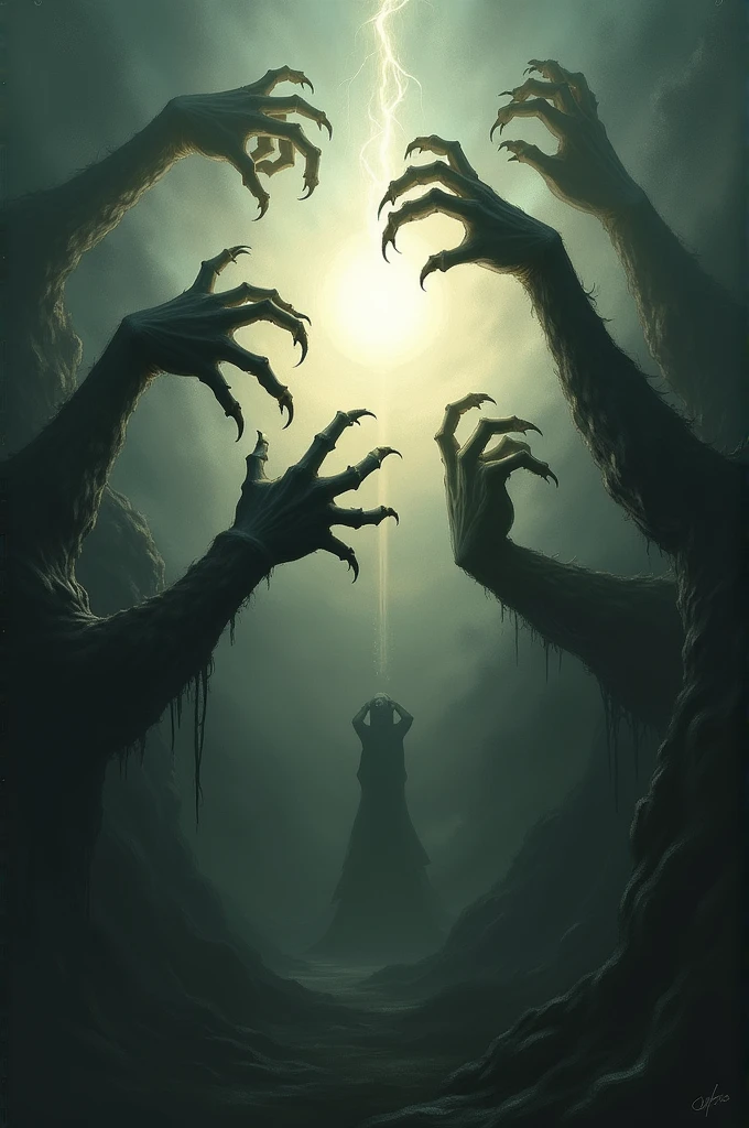 Demon's arms that want to touch the pure light