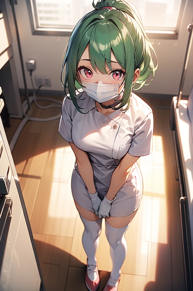 {{best quality}}, {{very aesthetic}}, {{ultra-detailed}}, {{best illustration}}, woman,green hair,long ponytail,pink eye,pov,(orgasm face),(steam),1woman,1girl,lace panties,(under black pantyhose),white nurse,from below,cafe