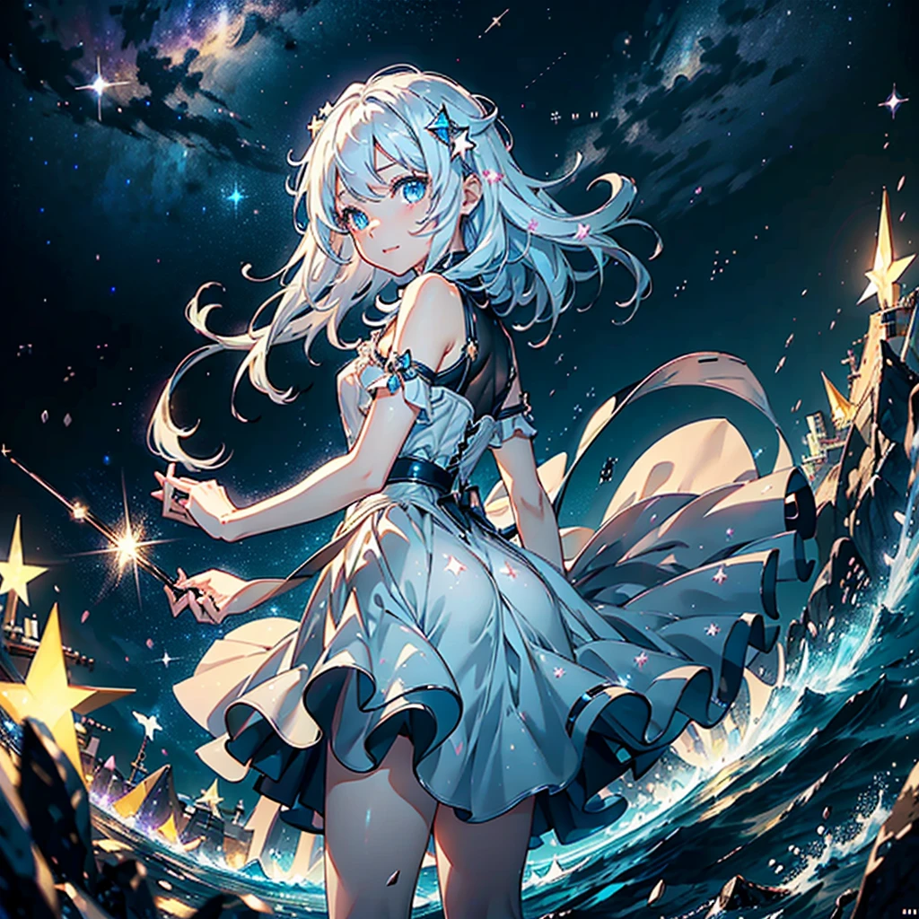 1girl,最高masterpiece、Dynamic composition、(Perfect hands:1.2)、(Perfect Anatomy:1.2)、(Highest quality:1.3)、(masterpiece:1.3)、(Super detailed:0.8)、High resolution、HDR、CG Unity 8k、Nice hands、ass pov、Highest quality、Highest quality、Delicate expressiveness、About 、White Hair、smile、river、流れstar、流star群、star、night、(((Composition from above))),Diamond dust、kawaii tech、