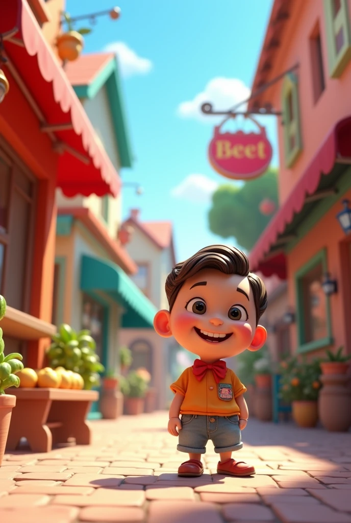 In cinematic 3d kartoon styil  ' In front, the shopkeeper