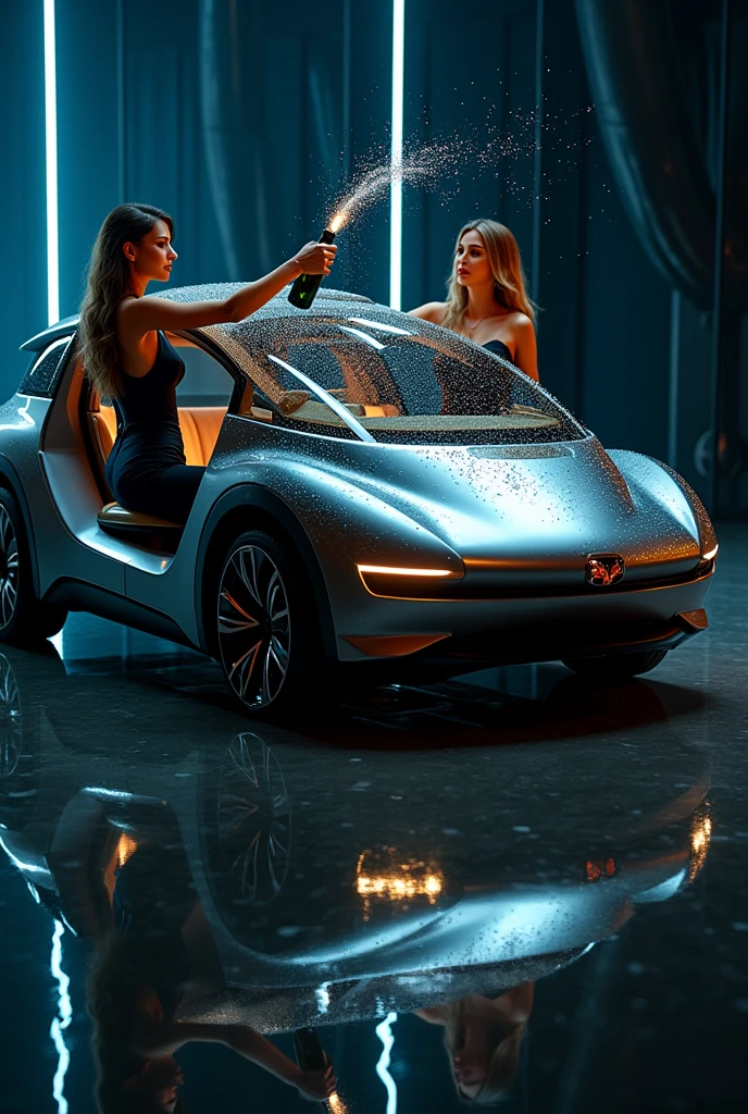 Car Photography、Popping champagne in a self-driving luxury car。The luxury car fills the screen.、2The stage is reflected on the screen。2 Sexy Beautiful Secretaries。