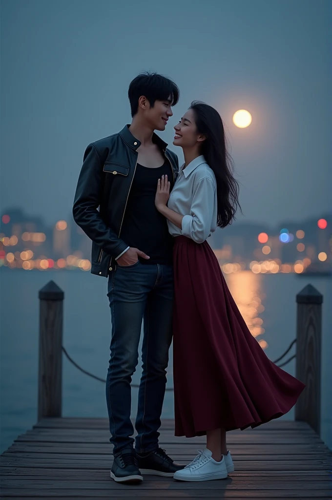 
a handsome Korean man with long black hair, wearing a black tank top, leather jacket, long tight jeans and sneakers, standing on a wooden
pier at night, with a beautiful woman with long black hair, wearing a long shirt dress with Peterpan Collar style neckline, long maroon mullet skirt, sneakers, with a beautiful view at night, calm sea water and from a distance the sparkling city lights at night, realistic, cinematic, photographic, Smilling at camera