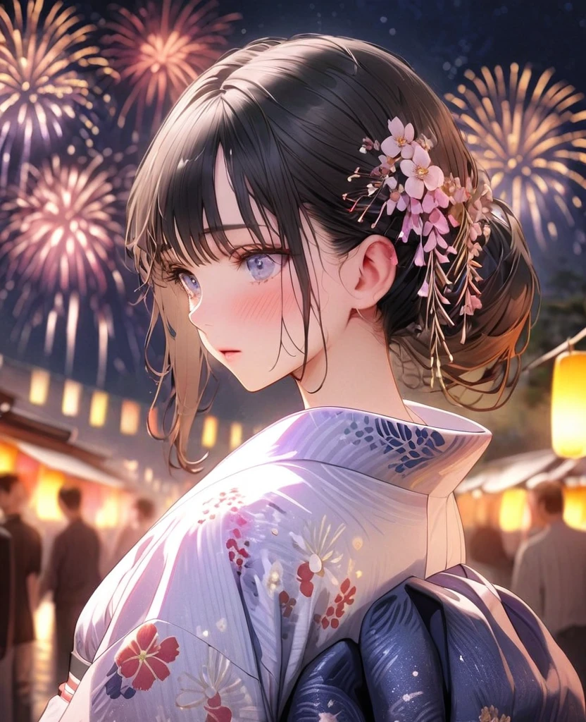 8k,Ephemeral beauty,Very delicate and beautiful,Beautiful and realistic skin,,Black Hair、Long and colorful hair,Beautiful Eyes,good,Beautiful night sky、firework、yukata、Shy