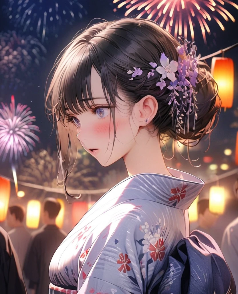 8k,Ephemeral beauty,Very delicate and beautiful,Beautiful and realistic skin,,Black Hair、Long and colorful hair,Beautiful Eyes,good,Beautiful night sky、firework、yukata、Shy