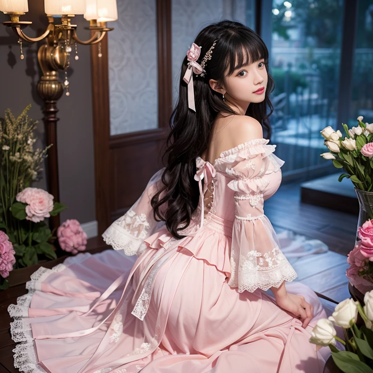 Side view,side angle, Bow tie at the back of the waist, There is a bow on the back,Sideways photo, Skirt length to calf, cupcake dress, Layered skirt with lace on each layer, Put on a lolita dress, layered dress, Pink Lolita dress, lots of lace, Long sleeve, Wide sleeves, Big Skirt, Layered lace skirt, Lace skirt,Puff sleeves, Wide sleeves, Transparent sleeves, intricate details showcase the ruffles and intricate designs of the Lolita dress, Wearing a lolita dress, in a sea of flowers, best quality, Delicate face,beautiful visual work, lifelike, eternity, black hair, Long curly hair, blunt bangs, Smile, Detailed Background, Delicate face,blush,cold,((masterpiece))、(top quality)、8k、high detail、Super detailed,41 years old,woman, masterpiece、born、Scenes resembling fairy tale illustrations、intricate details和複雜的設計、Beautifully、magic、capricious、 Beautifully、Dream aesthetics、「𝓡𝓸𝓶𝓪𝓷𝓽𝓲𝓬、ethereal、charming、fickle、magic」、realism、Visual effects、FXAA、SSAO、Shader、voiceless、ambient lighting、Tone mapping、High resolution、Ultra high quality、Million pixels、(8K resolution:1.10)、8k、8k以下、8K resolution、high detail、intricate details, (high quality:1.2、masterpiece:1.2、:1.21)、(41 years old,woman:1.21)、(興奮地Smile)、(Surrounded by a dreamy atmosphere、Model diagram,full-body shot,Normal 2 feet,Put your hands behind your back,Breast protrusion visible when wearing clothes, Large Breasts, H cup chest, pink dress, Don't show your fingers, full-body shot, full-body shot,full-body shot,full-body shot,full-body shot,full-body shot,full-body shot,full-body shot,Hands hidden in clothes, Hands hidden in clothes,Hands hidden in clothes,Hands hidden in clothes,Hands hidden in clothes,Hands hidden in clothes,Hands hidden in clothes,Hands hidden in clothes,Hands hidden in clothes, ,Hide your hands in your sleeves ,Hide your hands in your sleeves ,Hide your hands in your sleeves ,Hide your hands in your sleeves ,Hide your hands in your sleeves ,Hide your hands in your sleeves ,Hide your hands in your sleeves ,Hide your hands in your sleeves,skirt length to calf, full body photo,full body view,side view