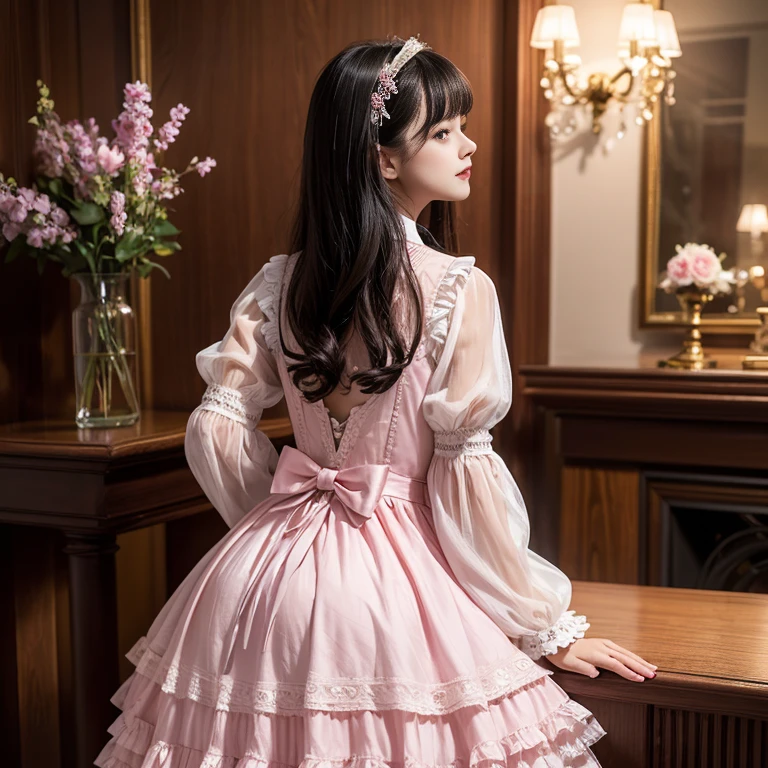 Side view,side angle, Bow tie at the back of the waist, There is a bow on the back,Sideways photo, Skirt length to calf, cupcake dress, Layered skirt with lace on each layer, Put on a lolita dress, layered dress, Pink Lolita dress, lots of lace, Long sleeve, Wide sleeves, Big Skirt, Layered lace skirt, Lace skirt,Puff sleeves, Wide sleeves, Transparent sleeves, intricate details showcase the ruffles and intricate designs of the Lolita dress, Wearing a lolita dress, in a sea of flowers, best quality, Delicate face,beautiful visual work, lifelike, eternity, black hair, Long curly hair, blunt bangs, Smile, Detailed Background, Delicate face,blush,cold,((masterpiece))、(top quality)、8k、high detail、Super detailed,41 years old,woman, masterpiece、born、Scenes resembling fairy tale illustrations、intricate details和複雜的設計、Beautifully、magic、capricious、 Beautifully、Dream aesthetics、「𝓡𝓸𝓶𝓪𝓷𝓽𝓲𝓬、ethereal、charming、fickle、magic」、realism、Visual effects、FXAA、SSAO、Shader、voiceless、ambient lighting、Tone mapping、High resolution、Ultra high quality、Million pixels、(8K resolution:1.10)、8k、8k以下、8K resolution、high detail、intricate details, (high quality:1.2、masterpiece:1.2、:1.21)、(41 years old,woman:1.21)、(興奮地Smile)、(Surrounded by a dreamy atmosphere、Model diagram,full-body shot,Normal 2 feet,Put your hands behind your back,Breast protrusion visible when wearing clothes, Large Breasts, H cup chest, pink dress, Don't show your fingers, full-body shot, full-body shot,full-body shot,full-body shot,full-body shot,full-body shot,full-body shot,full-body shot,Hands hidden in clothes, Hands hidden in clothes,Hands hidden in clothes,Hands hidden in clothes,Hands hidden in clothes,Hands hidden in clothes,Hands hidden in clothes,Hands hidden in clothes,Hands hidden in clothes, ,Hide your hands in your sleeves ,Hide your hands in your sleeves ,Hide your hands in your sleeves ,Hide your hands in your sleeves ,Hide your hands in your sleeves ,Hide your hands in your sleeves ,Hide your hands in your sleeves ,Hide your hands in your sleeves,skirt length to calf, full body photo,full body view,side view