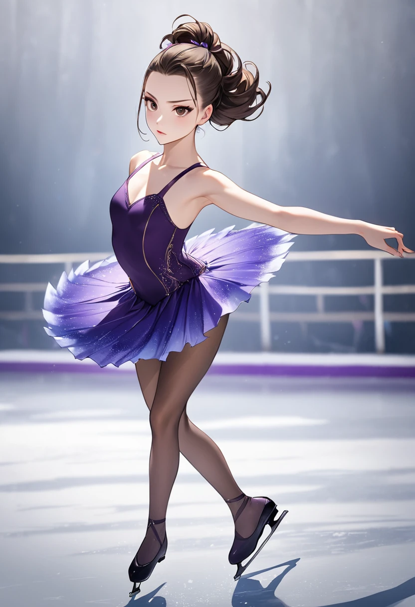 a 20 year old girl with dark brown hair and brown eyes, Beautiful and attractive, hair pulled back with strands and wearing a purple figure skater mini dress and her evil look, Skating on the ice, that is performing pirouettes