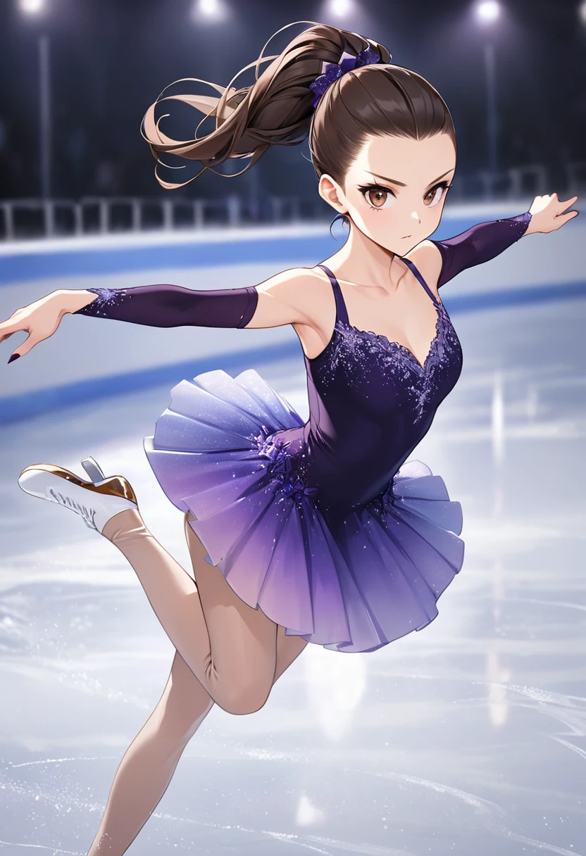 a 20 year old girl with dark brown hair and brown eyes, Beautiful and attractive, hair pulled back with strands and wearing a purple figure skater mini dress and her evil look, Skating on the ice, that is performing pirouettes