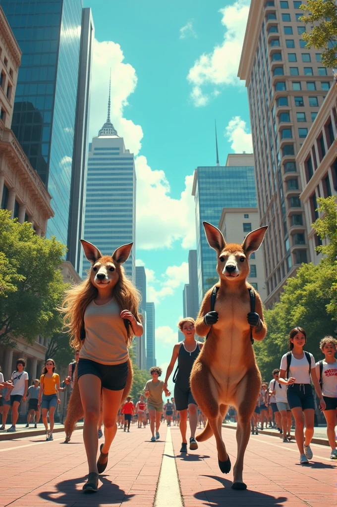 La ville de sydney , avec des gens qui se déplacent comme des kangourous