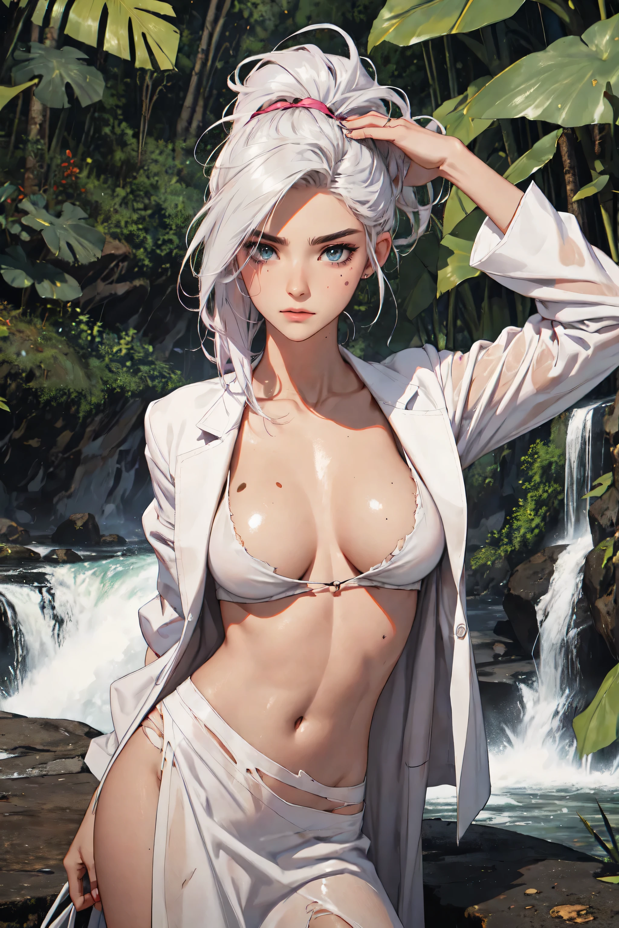 （lifelike， high - resolution：1.3）， 1 girl with a perfect body，slender body, Super fine face and eyes，assasin, dark makeup, shiny skin，white hair,((torn and ripped jungle clothes underneath lab coat)， Expose cleavage, extravagant makeup, pink eyeshadow, dark makeup shocked expression,  shiny skin, action pose, extravagant makeup, leopard print, lab coat, savage lands, feral lands, (waterfall, soaked), grey blue eyes
