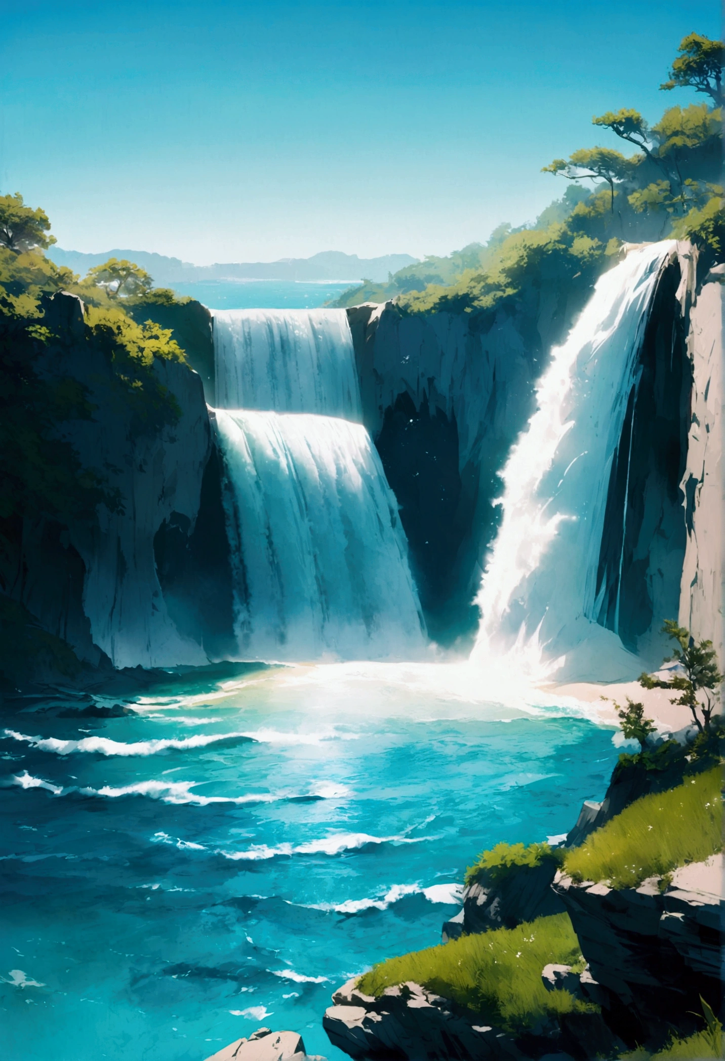 A beautiful sky day, White Coast, waterfall, and the small waves of the sea
