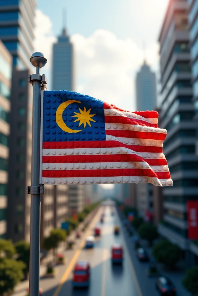 detailed Malaysia flag, realistic Lego city background, tilt-shift photography, (best quality,4k,8k,highres,masterpiece:1.2),ultra-detailed,(realistic,photorealistic,photo-realistic:1.37),professional,vibrant colors,cinematic lighting,extremely detailed flags and buildings