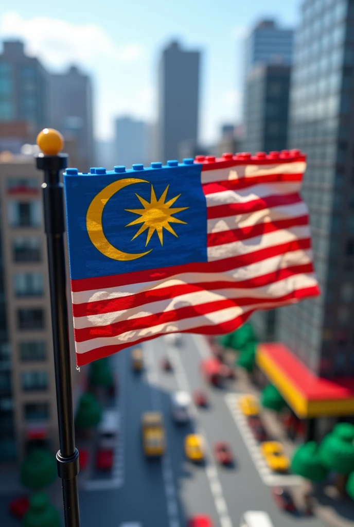 detailed Malaysia flag, realistic Lego city background, tilt-shift photography, (best quality,4k,8k,highres,masterpiece:1.2),ultra-detailed,(realistic,photorealistic,photo-realistic:1.37),professional,vibrant colors,cinematic lighting,extremely detailed flags and buildings