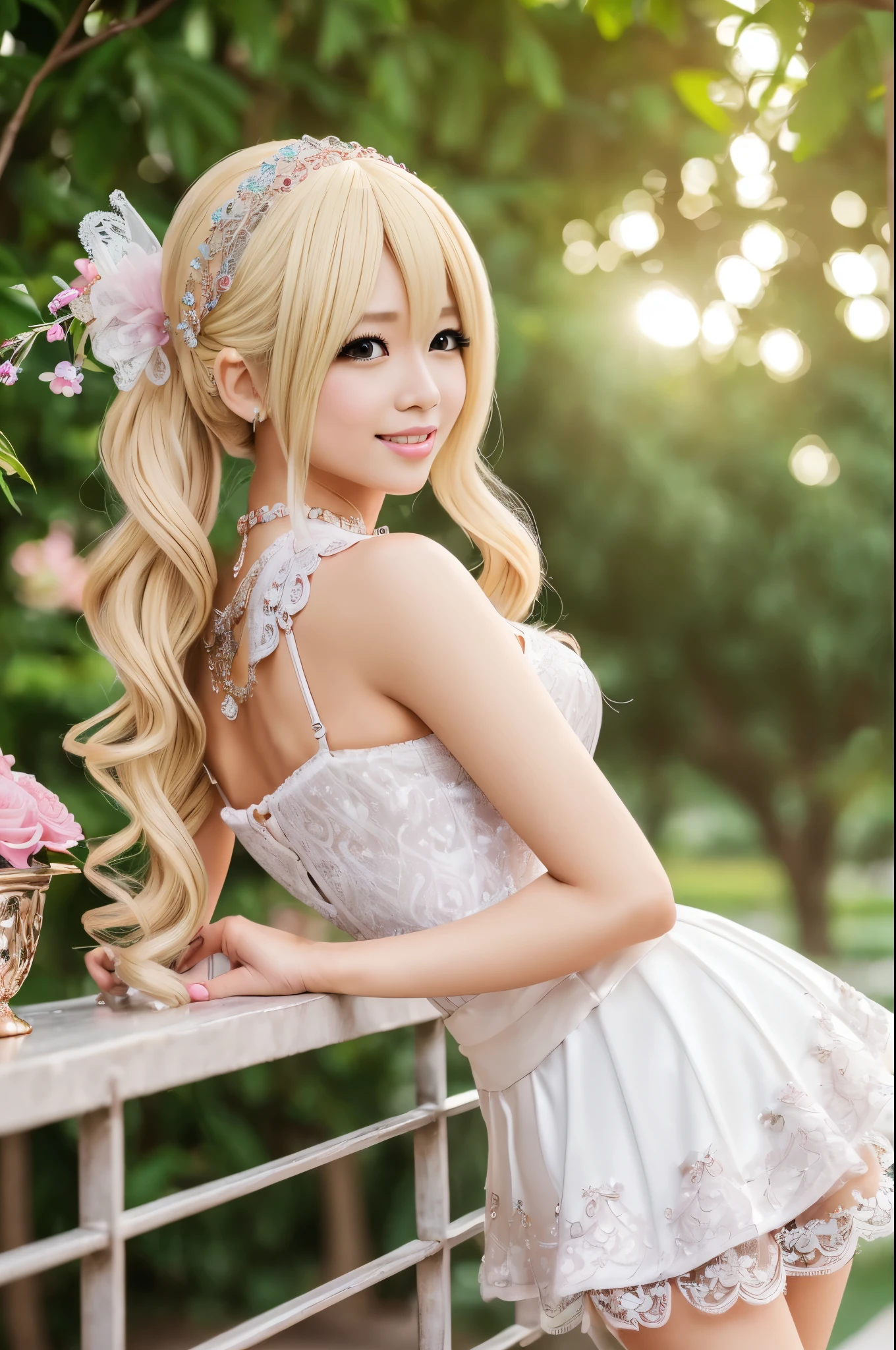 ((Best quality, 8k, Masterpiece, Sharp focus, 35mm lens, f/0.8, amazing beautiful perfect figure :1.4)), side lighting, sexy stylish Asian model, ((bright smile)), ((doll-like appearance)), ((beautiful detailed Victorian-Style boots)), Highly detailed face and skin texture:1.2, super detailed eyes:1.2, super detailed skin, shiny skin:1.2, Blushing ,long lashes:1.2, high-fidelity bangs, brilliant light blonde long random hairstyle, ((sexy Paradise Kiss cosplay)), bell-shaped skirt, petticoats, high neckline, puffed sleeves, (( ultra detailed lace)), ((ultra detailed embroidery)), intricate details, Paradise Kiss accessoires and matching headpiece, choker, ((large sparkling Paradise Kiss jewelry)), cinematic light, detailed large park background with trees
