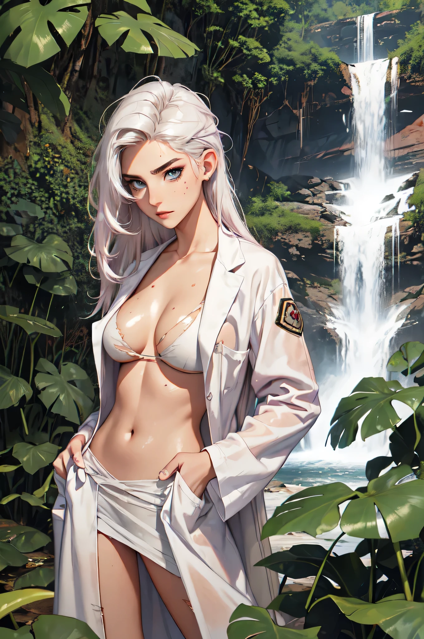(lifelike, high - resolution:1.3), 1 girl with a perfect body,slender body, Super fine face and eyes,assasin, dark makeup, shiny skin,white hair,((torn and ripped jungle clothes underneath lab coat), Expose cleavage, extravagant makeup, pink eyeshadow, dark makeup shocked expression, shiny skin, action pose, extravagant makeup, leopard print, lab coat, savage lands, feral lands, (waterfall, soaked), grey blue eyes