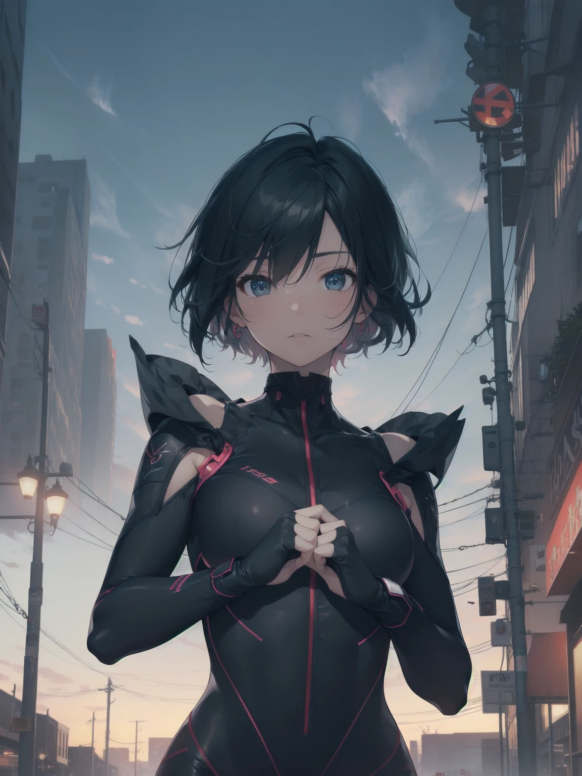 ultra-absurdres-Top quality by artist God, ultra-detailed, high resolution, anime moe artstyle, best anime 8k konachan wallpaper, pixiv contest winner, pool:2810, perfect anatomy,break, 1girl, (Please draw a girl dynamic action to skyscraper alone. )break,(Solo,little female, 16-year-old:1.3),Full limbs, complete fingers, cyberpunk, (very short hair), pixie cut, large breasts, groin, butt, small black eyes, beautiful detailed eyes, well-proportioned iris and pupils, expressive eyes, highres detailed hair, expressionless, bodysuit, plugsuit, (Detailed Lighting), (Detailed background), in the cityscape. break,super detailed skin, Best cinematic lighting powered by famous artist, 8k,sexual illustration,photoshop_(medium),very aesthetic,break,((artist:izumi_tsubasu )), artist:clamp ,artist:carnelian ,artist:kantoku ,
